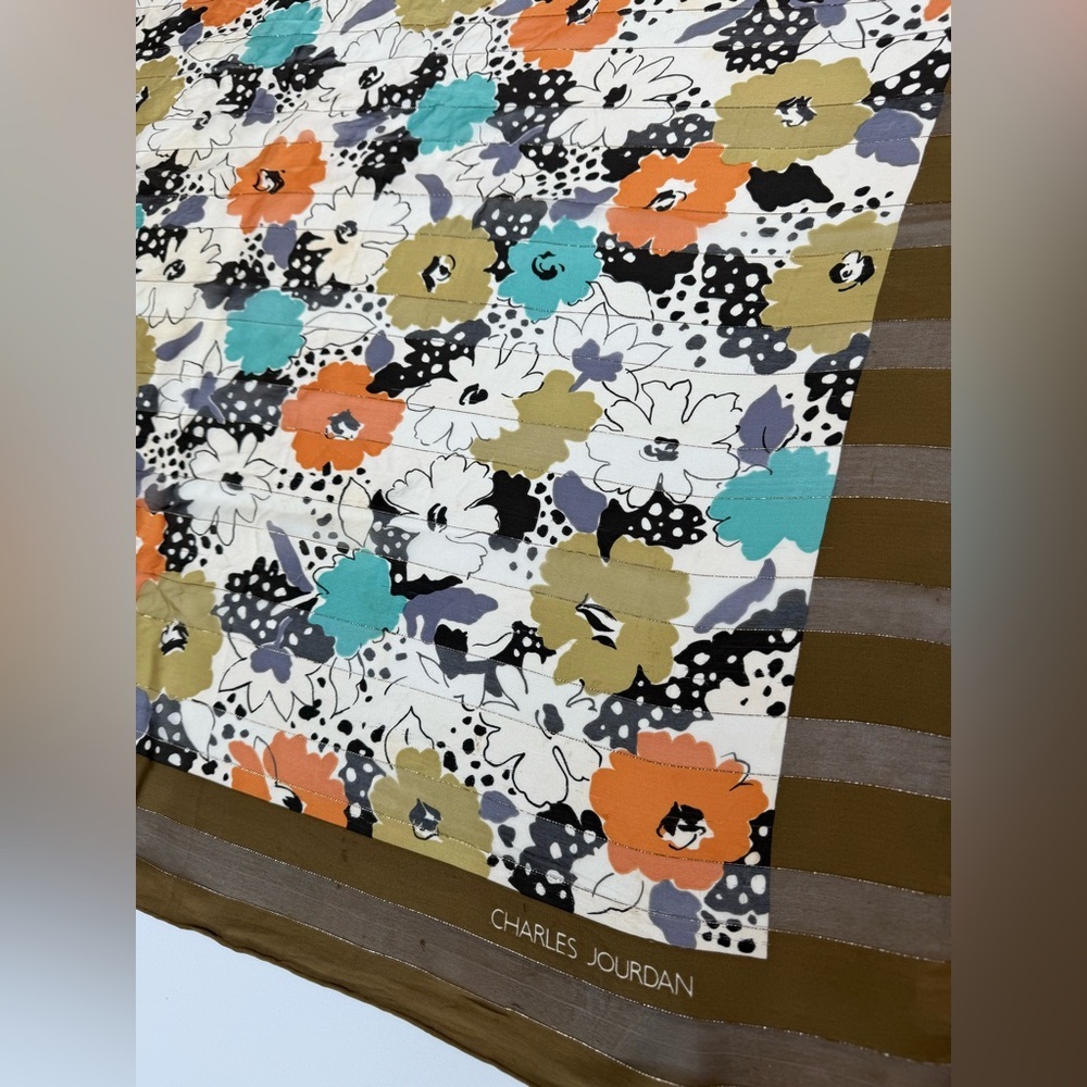 Charles Jourdan Vintage Silk Tan and Brown Scarf with Floral Motifs